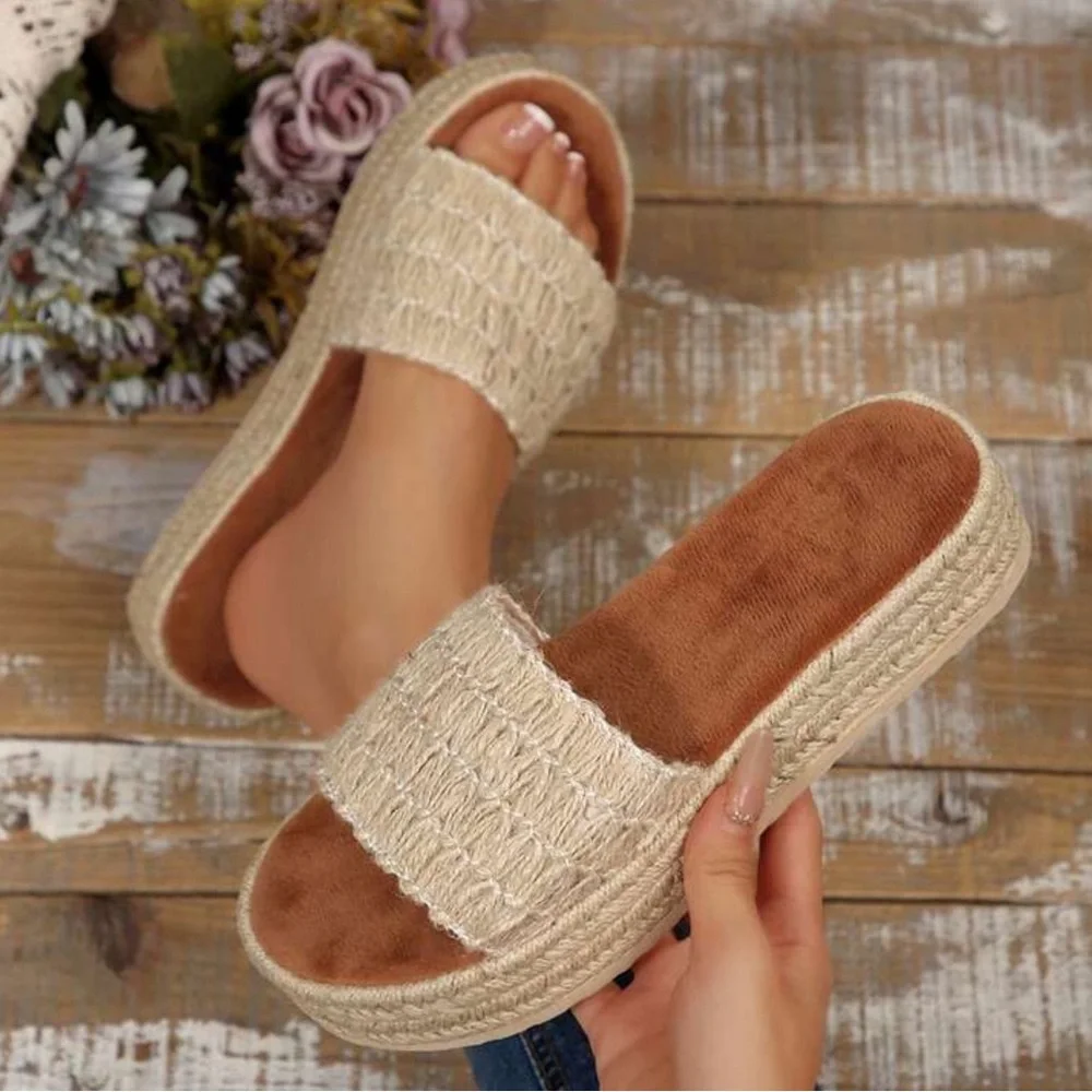 Women's Cream Woven Slide Sandals